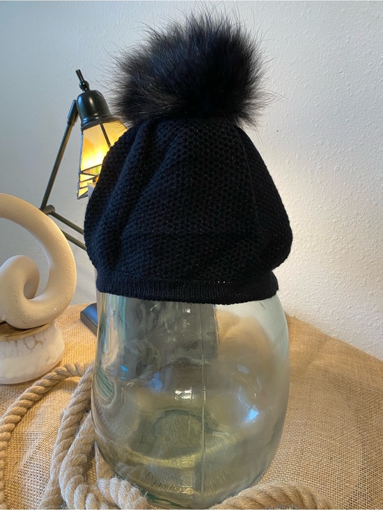 Hat Inverni Firenze 1892 Black Luxury Knit Beanie Faux Fur Pom Italy One Size main image 4